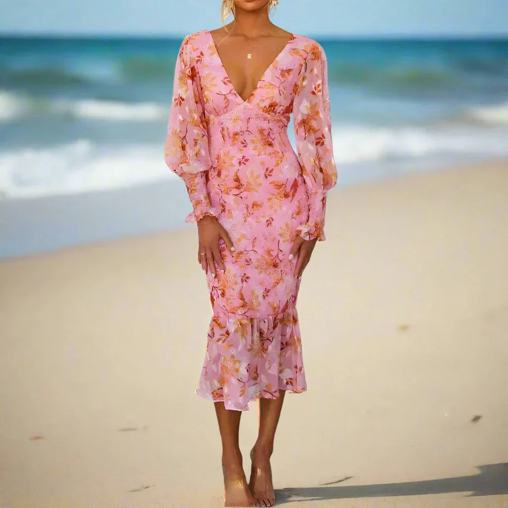 CAMELLIA - Floral Ruffle Midi Dress